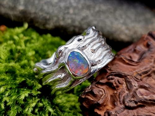 LeoLars-PABE Lightning Ridge Opal Design Ring, Gr. 54 (17,3), aus 925er Silber, Wellen Design, Multicolor Opalfeuer Semi Chrystal Opal, Unikat, Handarbeit