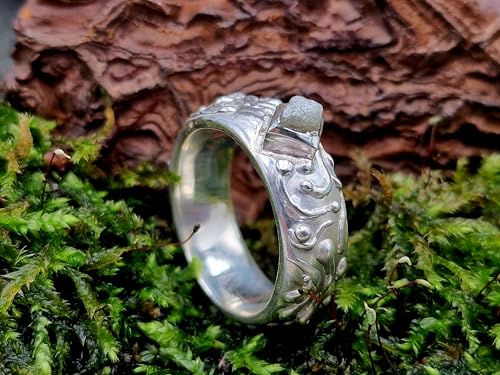LeoLars-PABE Verspielt verschnörkelter Rohdiamant Würfel Design Ring aus 925er Silber, silber-grauer Rohdiamant, Größe 61/62 (19,6), Unikat, Handarbeit