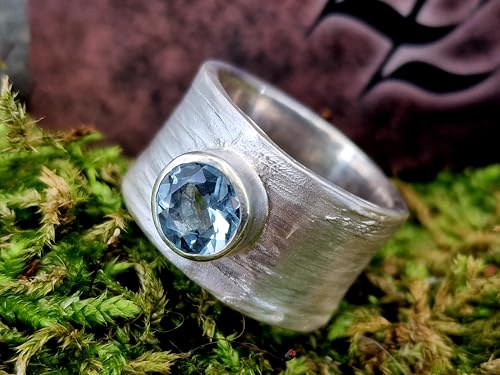 LeoLars-PABE Kräuter 420 Design Ring aus 925er Silber, mit blauem Aquamarin und echter Pflanzen Struktur, Größe 58 (18,5), Unikat, Handarbeit