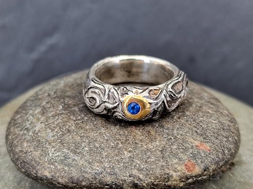 LeoLars-PABE Hauyn Design Ring aus 925er Silbermit Feingold Fassung, verschnörkeltes verspieltes Design, Gr. 53 (17), teilgeschwärzt, Hauyn d 2mm, Unikat, Handarbeit