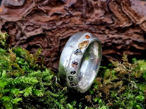 LeoLars-PABE Chaos Sandguss Design Ring, Größe 52 (16,7), aus 925er Silber mit echten verschiedenen farbigen Saphiren und teils typischer Sandguss Oberflächen Struktur Nr. 130, Unikat, Handarbeit