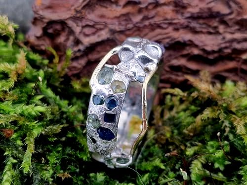 LeoLars-PABE Chaos Sandguss Design Ring aus 925er Silber, Unisex, mit Golddraht Elementen und echten eingegossenen blauen und grünen Saphiren, Größe: 64-65 (20,5), Unikat, Handarbeit