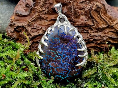 Herrlicher Boulder Opal Design Anhänger aus 925er Silber, Opal beidseitig, blau-grüne Opalnuß, Opaladergitter in blau oder grün, Tribaldesign, Unikat, Handarbeit, Anhängermaße: 35,7mm x 26,6mm x 8,7mm