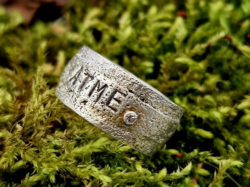 LeoLars-PABE Sprüche Ring Atme aus 925er Silber, Gr. 63 (20), mit Struktur und Diamant in Zargenfassung, Unikat, Unisex, Handarbeit
