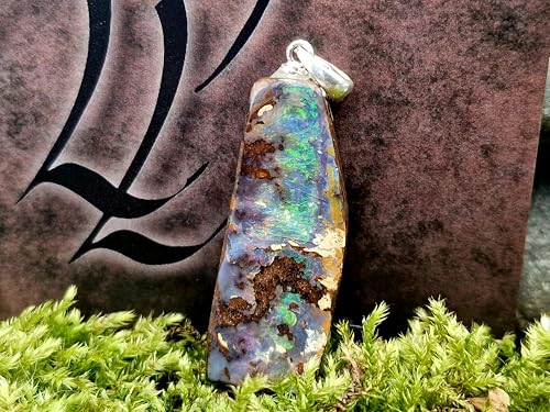LeoLars-PABE Anhänger mit Boulder Opal und 925er Silber Stiftöse, Picture Stone, mehrfarbiges Opalfeuer mit viel grün, Opal 33 x 13 x 5,4mm, Unikat, Handgeschliffen