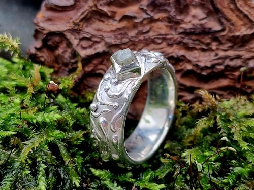 LeoLars-PABE Verspielt verschnörkelter Rohdiamant Würfel Design Ring aus 925er Silber, silber-grauer Rohdiamant, Größe 61/62 (19,6), Unikat, Handarbeit