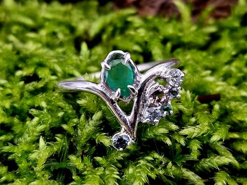 LeoLars-PABE Edelstein Prinzessinen Design Ring, Größe 60 (19,2) aus 925er Silber mit Smaragd Tropfen, Bergkristall, Granat und Kornerrupien, verspielt, Unikat, Handarbeit