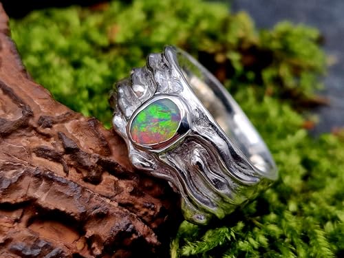 LeoLars-PABE Lightning Ridge Opal Design Ring, Gr. 54 (17,3), aus 925er Silber, Wellen Design, Multicolor Opalfeuer Semi Chrystal Opal, Unikat, Handarbeit