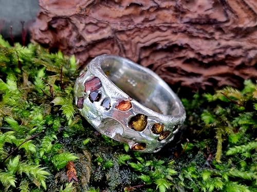 LeoLars-PABE Sandguss Chaos Blubber Design Ring aus 925er Silber, Größe 61 (19,5), mit echten verschieden farbigen eingegossenen Saphiren, Sandguss Struktur, Nr.139, Unikat, Handarbeit, Unisex