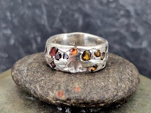 LeoLars-PABE Sandguss Chaos Blubber Design Ring aus 925er Silber, Größe 61 (19,5), mit echten verschieden farbigen eingegossenen Saphiren, Sandguss Struktur, Nr.139, Unikat, Handarbeit, Unisex