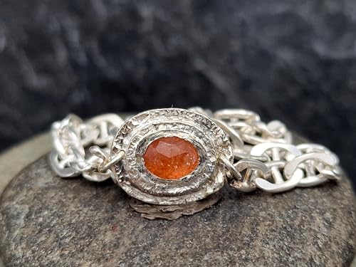 LeoLars-PABE Sonnenstein Design Armband aus 925er Silber, Sonnenstein im Rosenschliff mit Zargenfassung, Panzerarmband 20cm lang, Unikat, Handarbeit