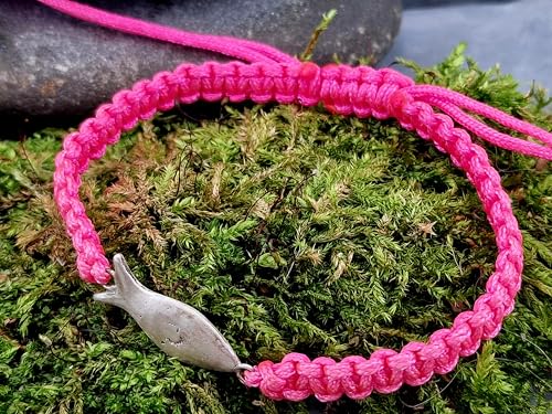 LeoLars-PABE Rosa Makramee Armband mit 925er Silber Sandguss Schlickfisch, Umfang von 16-25cm, Unikat, Handarbeit, Armbandmaße: 160mm x 8,5mm x 3,5mm