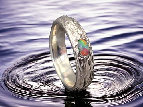 LeoLars-PABE Lightning Ridge Multicolor Opal Ring, Gr. 56 (18), aus 925er Silber im Wurzeldesign, Opal mit intensiven Farben, 5x3mm, Unikat, Handarbeit