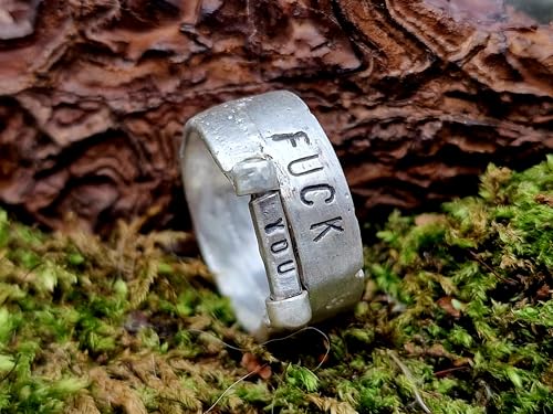 LeoLars-PABE Sprüche Design Sandguss Ring mit Stift zum drehen für den passenden Spruch, aus 925er Silber, Größe 60/61 (19,2), Unikat, Handarbeit, Unisex