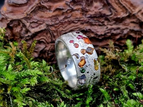 LeoLars-PABE Bunter Sandguss Chaos Design Ring, Nr.132, Größe 53(17), aus 925er Silber mit echten eingegossenen Saphiren, massiv, Sandguss Oberflächen Struktur, Handarbeit, Unikat
