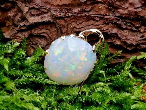 Heller Lightning Ridge Opal Design Anhänger aus 585er Gelbgold, Opal herrliches Multicolor Opalfeuer, Anhänger von hinten mit organischem Netzdesign, Maße: 20mm x 15mm x 6,3mm, Unikat, Handarbeit