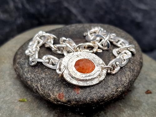 LeoLars-PABE Sonnenstein Design Armband aus 925er Silber, Sonnenstein im Rosenschliff mit Zargenfassung, Panzerarmband 20cm lang, Unikat, Handarbeit