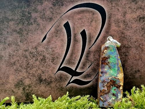 LeoLars-PABE Anhänger mit Boulder Opal und 925er Silber Stiftöse, Picture Stone, mehrfarbiges Opalfeuer mit viel grün, Opal 33 x 13 x 5,4mm, Unikat, Handgeschliffen