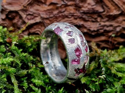 LeoLars-PABE Chaos Sandguss Design Ring aus 925er Silber, mit echten eingegossenen rosa Saphir und rotem Rubin, Nr.120, Größe: 59 (18,7), Unikat, Handarbeit