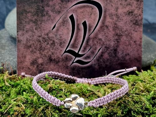 LeoLars-PABE Pastell helllila farbenes Makramee Armband mit 925er Silber Pfötchen, Pfote, Hund, Umfang von 15-21cm, Unikat, Handarbeit