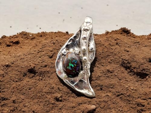 Matrix Boulder Opal Design Anhänger aus 925er Silber, Opal mit vielen Opaladern mit grünem und blauem Opalfeuer, versteckte Schlaufe, Unikat, Handarbeit, Anhängermaße: 41mm x 20mm x 7,1mm