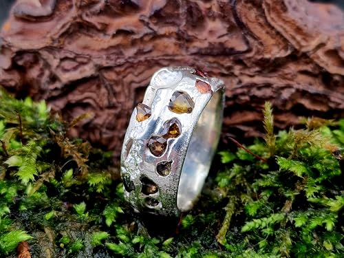 LeoLars-PABE Sandguss Chaos Blubber Design Ring aus 925er Silber, Größe 61 (19,5), mit echten verschieden farbigen eingegossenen Saphiren, Sandguss Struktur, Nr.139, Unikat, Handarbeit, Unisex