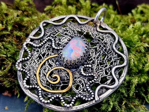 LeoLars-PABE Großer Lightning Ridge Opal Design Anhänger aus 925er Silber mit Spirale des Lebens aus Feingold, wildes organisches Filigree Muster, Unikat, Handarbeit