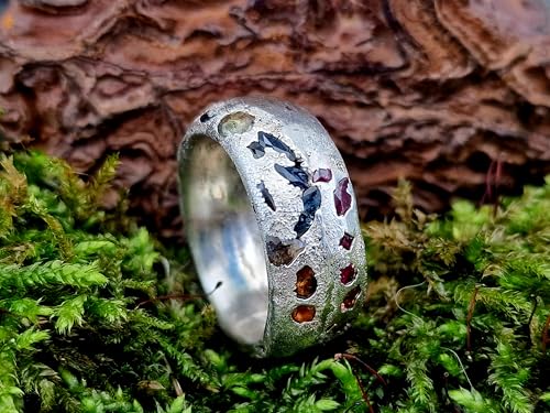 LeoLars-PABE Sandguss Design Chaos Ring, Größe 60 aus 925er Silber mit eingegossenen verschieden farbigen Saphiren, massiv, Nr.131, Unikat, Handarbeit