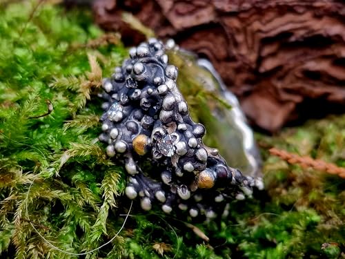 LeoLars-PABE Diamant und Spinell Design Ring aus 925er Silber mit Feingold Nuggets, zwei weiße Diamanten, 3 schwarze Spilelle, Bubble Design, Größe: 63 (20), Unisex, Unikat, Handarbeit