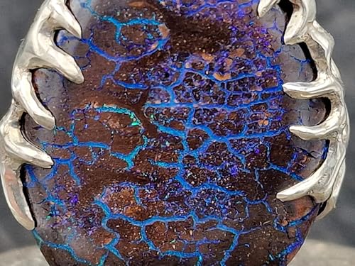 Herrlicher Boulder Opal Design Anhänger aus 925er Silber, Opal beidseitig, blau-grüne Opalnuß, Opaladergitter in blau oder grün, Tribaldesign, Unikat, Handarbeit, Anhängermaße: 35,7mm x 26,6mm x 8,7mm