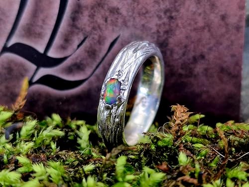 LeoLars-PABE Lightning Ridge Multicolor Opal Ring, Gr. 56 (18), aus 925er Silber im Wurzeldesign, Opal mit intensiven Farben, 5x3mm, Unikat, Handarbeit