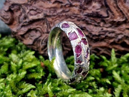 LeoLars-PABE Chaos Sandguss Design Ring, Gr.57 (18,3), Nr. 154, aus 925er Silber mit echten eingegossenen Rubinen, Sandguss typische Oberflächen Struktur, Unikat, Handarbeit