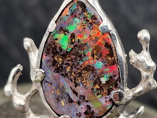 LeoLars-PABE Boulder Opal Anhänger im Korallen Design aus 925er Silber, herrlicher Opal mit mehrfarbigem (viel rot) intensivem Opalfeuer, Anhängermaße: 32,4mm x 25mm x 4,3mm, Unikat, Handarbeit