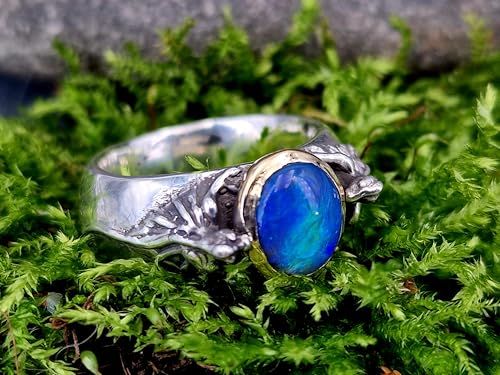 LeoLars-PABE Lightning Ridge Black Opal Drachen Ring Größe. 61 (19,2) aus 925er Silber mit 585er Gelbgold Fassung von 2 Drachen, Opal grün-blaues Opalfeuer, Unikat, Handarbeit