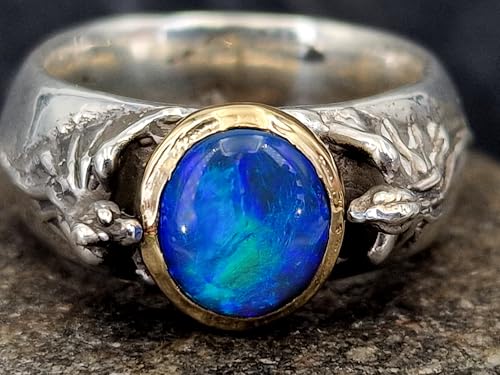 LeoLars-PABE Lightning Ridge Black Opal Drachen Ring Größe. 61 (19,2) aus 925er Silber mit 585er Gelbgold Fassung von 2 Drachen, Opal grün-blaues Opalfeuer, Unikat, Handarbeit