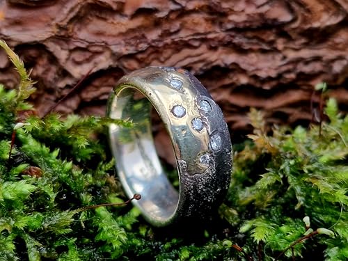 LeoLars-PABE Diamant Sandguss Bicolor Design Ring, aus 925er Silber und 585er Gelbgold, 7 echte Diamanten, teilgeschwärzt, Größe 56 (18), Unikat, Handarbeit
