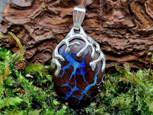 LeoLars-PABE Beideitiger Tribal Design Anhänger mit Boulder Opal aus 925er Silber, Opal mit Opalblitzen in kräftig blau, Unikat, Handarbeit Anhängermaße: 27mm x 18,2mm x 9mm