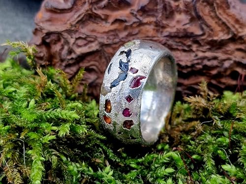 LeoLars-PABE Sandguss Design Chaos Ring, Größe 60 aus 925er Silber mit eingegossenen verschieden farbigen Saphiren, massiv, Nr.131, Unikat, Handarbeit