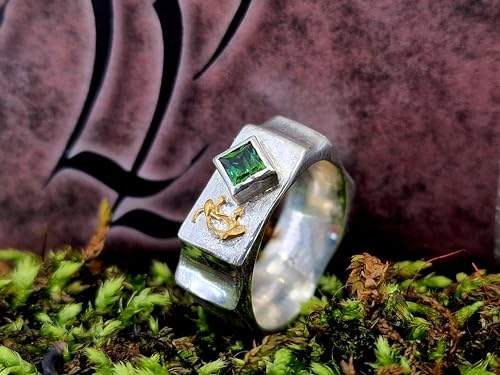 LeoLars-PABE Grüner Turmalin Design Ring, Gr. 54 (17,2), aus 925er Silber, spezielle Außenform, teil gebürstet, mit Feingold Element, Unikat, Handarbeit