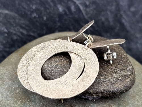 Große Design Ohrhänger aus 925er Silber mit feiner steiniger Oberflächen Struktur mit Steckern, zum baumeln, Unikat, Handarbeit