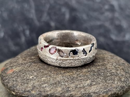 LeoLars-PABE Chaos Design Sandguss Ring aus 925er Silber, Gr.56 (18), mit eingegossenen zur Jeans passenden echten Saphiren, Sandguss typische Oberflächen Struktur, Nr.143, Unikat, Handarbeit