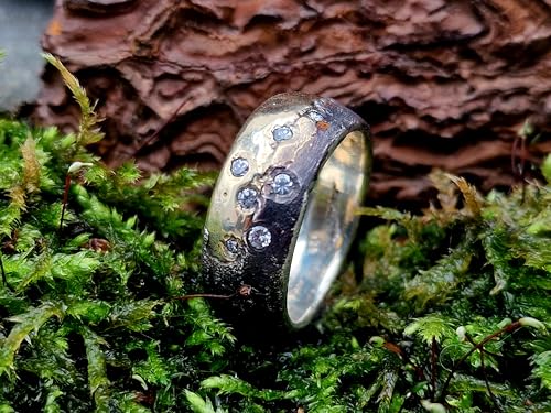 LeoLars-PABE Diamant Sandguss Bicolor Design Ring, aus 925er Silber und 585er Gelbgold, 7 echte Diamanten, teilgeschwärzt, Größe 56 (18), Unikat, Handarbeit