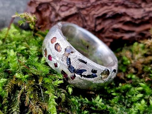 LeoLars-PABE Sandguss Design Chaos Ring, Größe 60 aus 925er Silber mit eingegossenen verschieden farbigen Saphiren, massiv, Nr.131, Unikat, Handarbeit