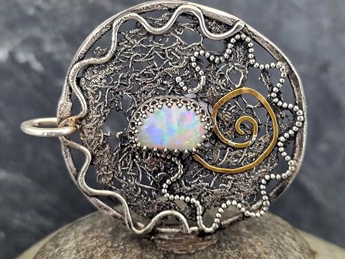 LeoLars-PABE Großer Lightning Ridge Opal Design Anhänger aus 925er Silber mit Spirale des Lebens aus Feingold, wildes organisches Filigree Muster, Unikat, Handarbeit