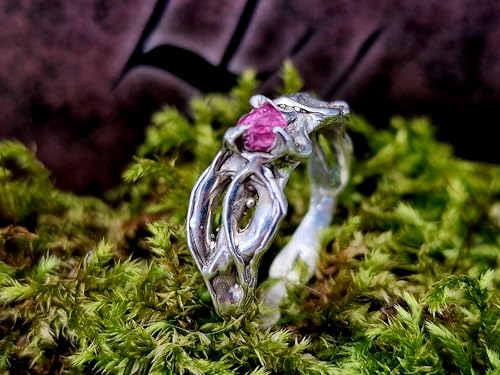 LeoLars-PABE Rosa Turmalinkristall Ring mit Krappen gefasst in einem organisch verwachsenen Design aus 925er Silber. Größe 54, liebevolle Handarbeit, Unikatschmuck
