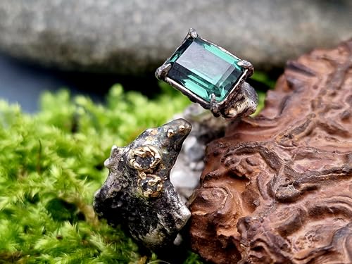 LeoLars-PABE Krasser offener Design Ring, Gr.57 (18,3), aus geschwärztem 925er Silber mit grünblauem Turmalin und 2 Labgrown Diamanten in 585er Gelbgoldfassung, Stein Optik, Unikat, Handarbeit