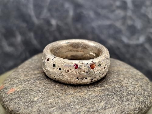 LeoLars-PABE Sandguss Design Chaos Ring aus 925er Silber, Größe 54 (17,5) mit echten verschiedenen eingegossenen Edelsteinen, Sandguss typischer Oberflächenstruktur, Unikat, Handarbeit