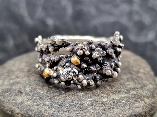 LeoLars-PABE Diamant und Spinell Design Ring aus 925er Silber mit Feingold Nuggets, zwei weiße Diamanten, 3 schwarze Spilelle, Bubble Design, Größe: 63 (20), Unisex, Unikat, Handarbeit