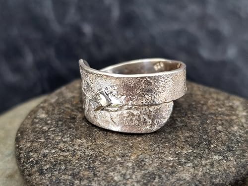 LeoLars-PABE Rohdiamant Würfel Wickel Design Ring aus 925er Silber mit angeschmolzener Oberflächen Struktur, Größe: 57-58 (18,5), Unikat, Handarbeit