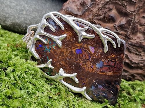 LeoLars-PABE Großer Boulder Opal Design Anhänger aus 925er Silber, Tribal Design, beidseitig, Unisex, Opal mit tollem Muster und partiellem grün-blauem Opalfeuer, Unikat, Handarbeit